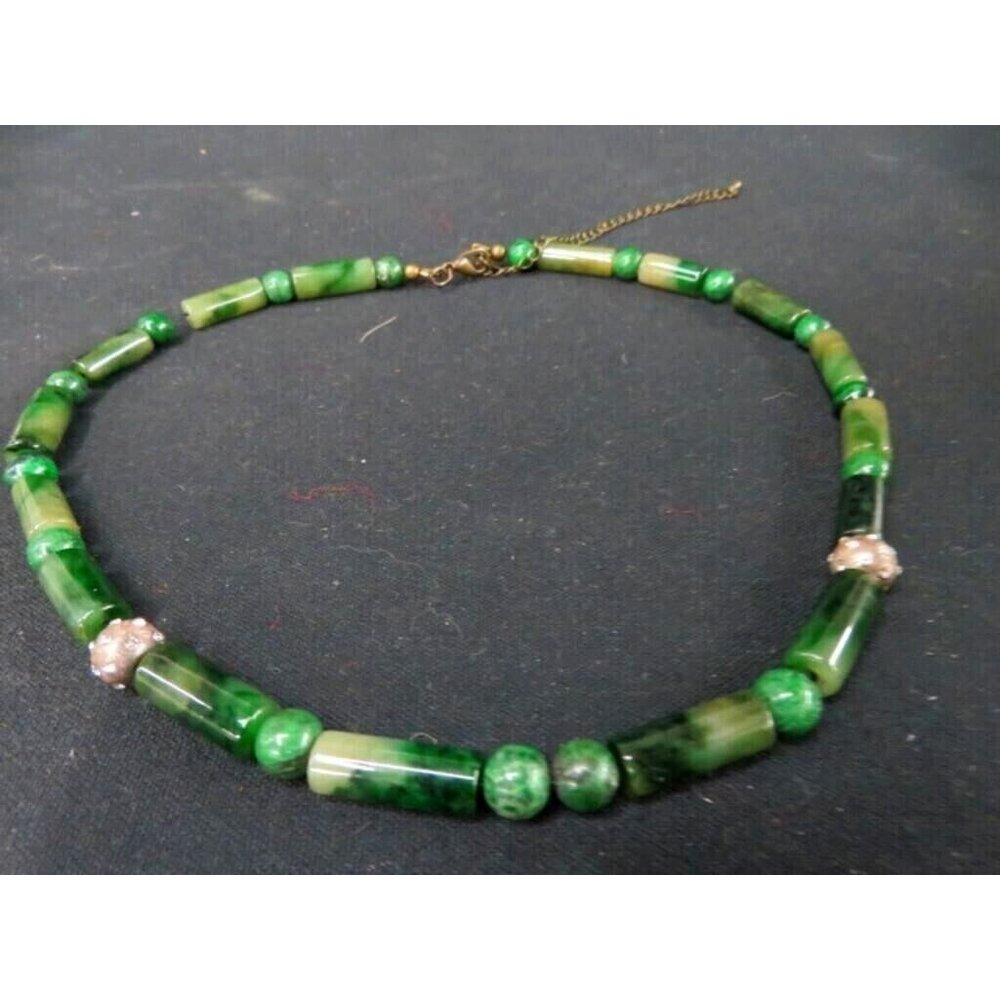 Vintage Jade Spinach Green Beaded Necklace with round and rectangular beads